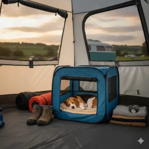 A compact pop-up dog crate placed neatly inside the porch area of a large family camping tent.