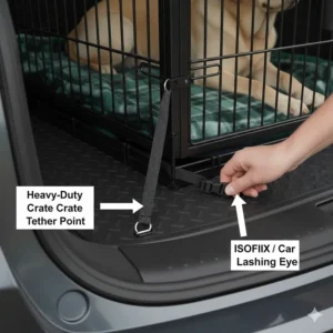 Close-up of a hand attaching a heavy-duty safety tether from the dog crate to a car boot ISOFIX lashing point for stability.