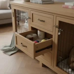Close-up of integrated storage drawers in a dog crate for keeping leads and treats tidy.