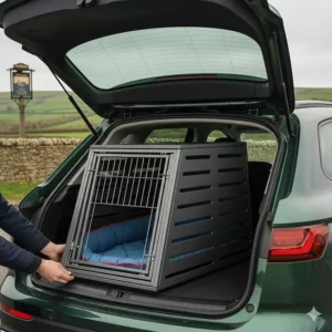 A dog crate with a slanted front panel to fit the contours of a hatchback SUV door.