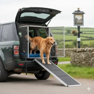 A golden retriever using a telescopic dog ramp to enter a crate inside a tall SUV.