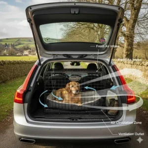 Illustration showing optimal airflow and ventilation paths within a metal estate car dog crate.