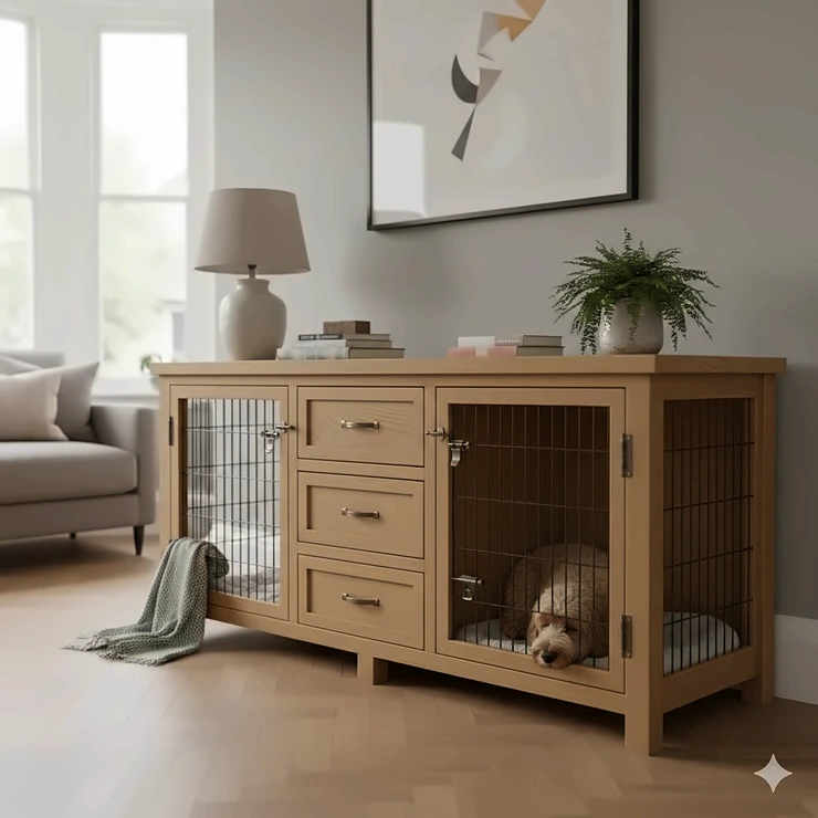 Luxury wooden dog crate with drawers used as a sideboard in a British living room. dog crate with drawers