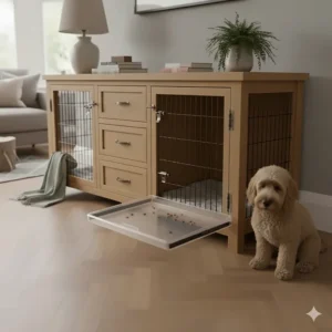 A dog crate with drawers showing a slide-out removable tray for easy cleaning.