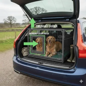 Diagram of a dog travel crate featuring an emergency escape hatch on the forward-facing side for safety during a rear-end collision.