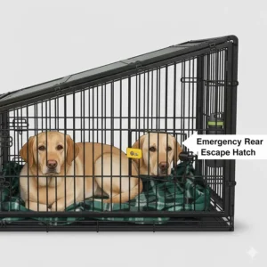 Close-up of the emergency rear escape hatch door on a black sloping dog crate for safe pet retrieval during car journeys.
