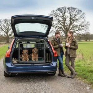 Two Labradors sitting comfortably inside a double sloping dog crate in an estate car parked at a British country park.