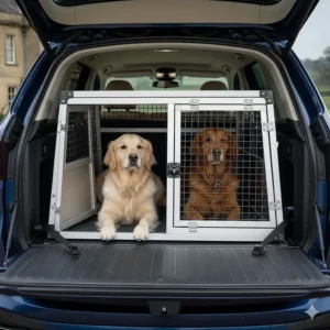 A double-compartment dog crate in a BMW X5, ideal for transporting two Labradors safely in the British countryside.