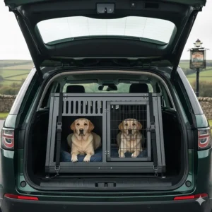 Large double dog crate for SUV with a central divider for two Labradors.
