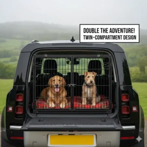 A twin-compartment dog crate for a Land Rover Defender, featuring a removable central divider for two large dogs.