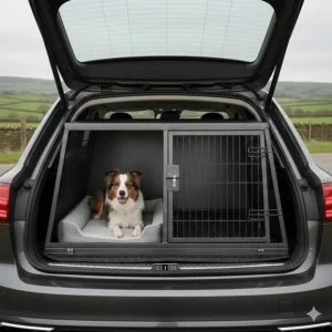 A double-compartment estate car dog crate with a removable divider for two dogs.