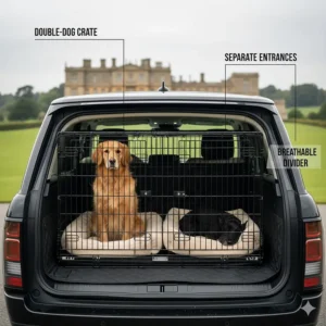 A twin-compartment dog crate with a breathable divider, fitted perfectly into the rear of a Range Rover Vogue.