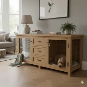 Large double dog crate with drawers and a central divider for two small dogs.