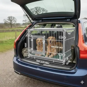Technical drawing showing the height, width, and dual-slope angles of a dog crate designed for UK estate car boot dimensions.