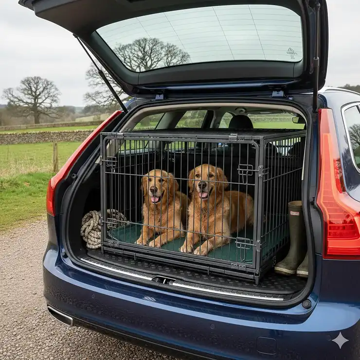 A heavy-duty double sloping dog crate fitted into the boot of a British estate car, showing the angled design for a secure fit against the rear seats and tailgate. double sloping dog crate for estate car