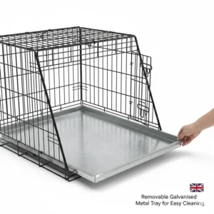 Illustration showing the removable galvanised steel tray being slid out from the base of the crate for cleaning.