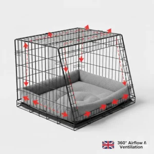 Illustration highlighting the 360-degree ventilation provided by the steel wire mesh of the Ellie-Bo sloping crate.