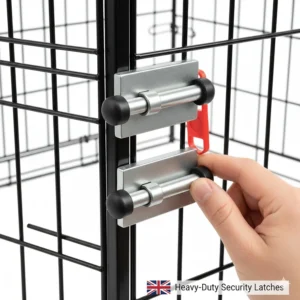 Close-up illustration of the secure sliding bolt latches on an Ellie-Bo sloping dog cage door.