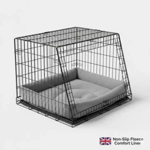 An Ellie-Bo sloping dog crate fitted with a matching grey non-slip fleece liner for pet comfort.