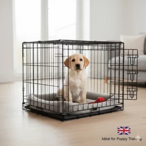 A Labrador puppy sitting comfortably inside a small Ellie-Bo sloping crate during a crate training session.
