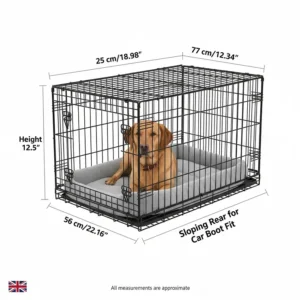 Technical drawing showing the height and depth measurements of an Ellie-Bo sloping dog crate.
