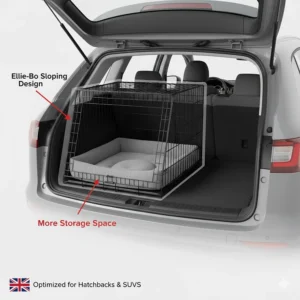 Diagram showing the space-saving benefits of a sloping dog crate in a hatchback car boot.