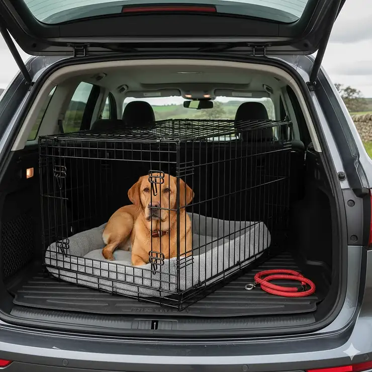 A black Ellie-Bo sloping dog crate positioned inside a car boot, showing how the angled design fits against the rear seats. Ellie-Bo sloping dog crate