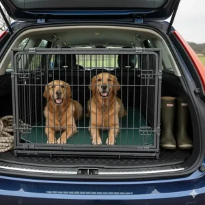 Illustration of a double dog crate interior featuring a bespoke anti-slip rubber mat for pet comfort during long drives.
