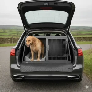 An estate car dog crate featuring a fold-out rubber mat to protect the rear bumper from scratches.