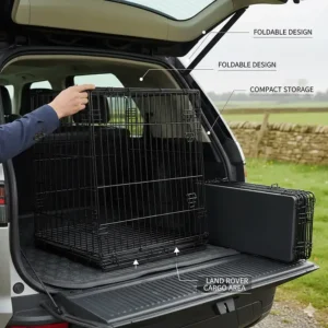 Illustration of a foldable dog crate being collapsed for compact storage in a Land Rover cargo area.