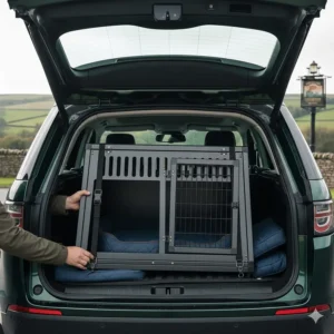 A collapsible black wire dog cage being folded flat for storage in a car.
