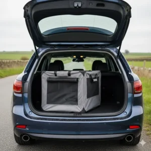 A lightweight, foldable fabric dog crate placed in the back of a hatchback estate.