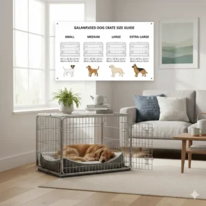 A size comparison chart for galvanised steel dog crates ranging from small to extra-large breeds.