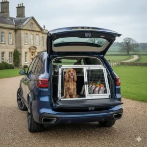 A space-saving half-crate in a BMW X5 boot, leaving room for groceries or luggage alongside the pet carrier.