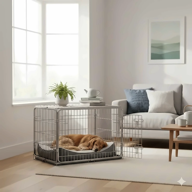 A medium-sized dog sitting comfortably inside a heavy-duty galvanised steel dog crate in a contemporary British living room.