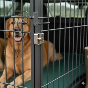 Detailed view of the powder-coated steel mesh and bolt-action lock on a premium UK-made dog car cage.