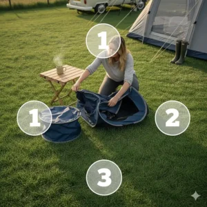 A step-by-step illustration showing how to unfold a lightweight pop-up dog crate for easy assembly at a campsite.