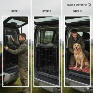 A step-by-step guide showing the easy installation of a custom-fit dog guard and crate into a Defender 110.