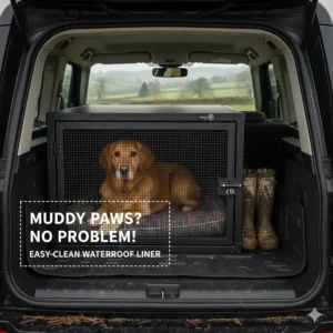 A Land Rover Defender dog crate paired with a waterproof boot liner, perfect for keeping the car clean after muddy country walks.