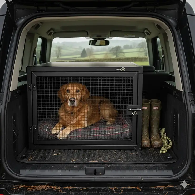 A bespoke black Land Rover Defender dog crate fitted securely in the boot of a New Defender 110, featuring a heavy-duty locking system. Land Rover Defender dog crate