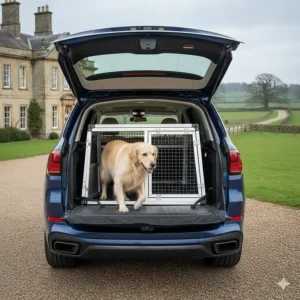 A Golden Retriever entering a secure travel crate through the wide-opening tailgate of a BMW X5.