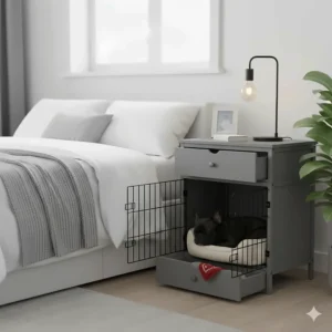 A modern grey dog kennel with drawers styled as a bedside table in a UK bedroom.