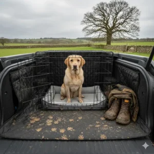 A golden Labrador sitting in a dog crate inside a Range Rover boot after a walk, featuring a waterproof quilted boot liner.