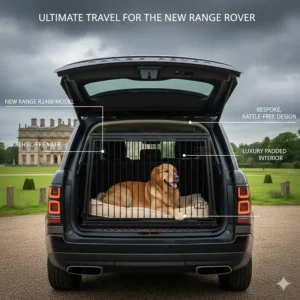 A premium, rattle-free bespoke dog crate with a luxury padded interior, designed for the latest Range Rover L460 model.
