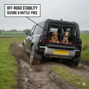 A rattle-free dog crate secured in a Land Rover Defender, designed to remain silent during off-road greenlaning.