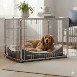 Wide-angle view showing the open mesh design of a galvanised crate, ensuring optimum airflow for a dog.