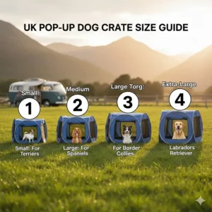 A size comparison chart for pop-up dog crates ranging from small for Terriers to extra-large for Labradors.
