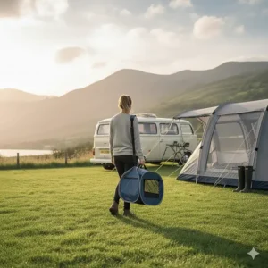 A person carrying a lightweight, circular carry bag containing a folded pop-up dog crate while walking toward a caravan.