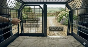 Interior view of a quiet, rattle-free Volvo XC90 dog crate featuring silent-operation hinges and a comfortable padded dog bed.