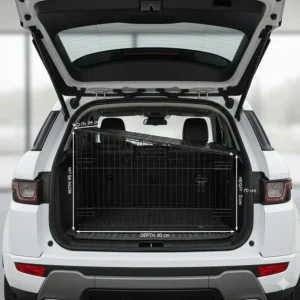 Technical illustration showing the specific dimensions and fitment of a dog cage designed for the Range Rover Evoque boot space.